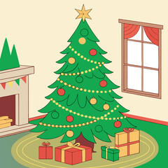 Christma Tree Concept In Winter With Many Gift Boxes