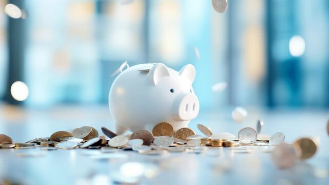 A white piggy bank sits on a surface as coins fall around it in a well-lit area. The focus is on the act of saving money and the importance of financial planning