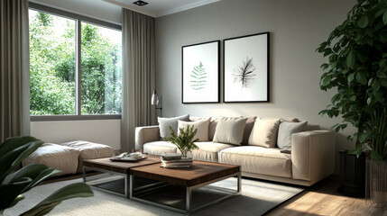 "Modern living room interior featuring a sofa, coffee table, plant, and two empty poster frames for mockup purposes. 3D rendering showcasing a contemporary design."

