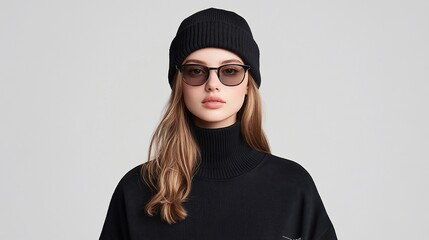 Woman in black turtleneck, beanie, and sunglasses.