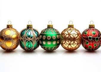seamless of  Seven gold and green decoration Christmas balls collection hanging isolated , isolated on white background,  , copy space, copy space for text,