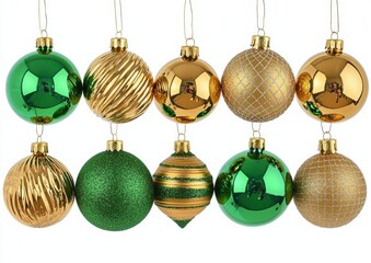 Obraz premium seamless of Seven gold and green decoration Christmas balls collection hanging isolated , isolated on white background, , copy space, copy space for text,