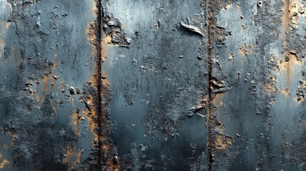 Close-up of dark blue metal with peeling paint, showing rust underneath. Ideal for grunge, industrial, or textured backgrounds.