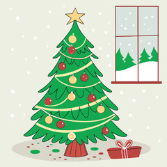 Christma Tree Concept In Winter With Many Gift Boxes