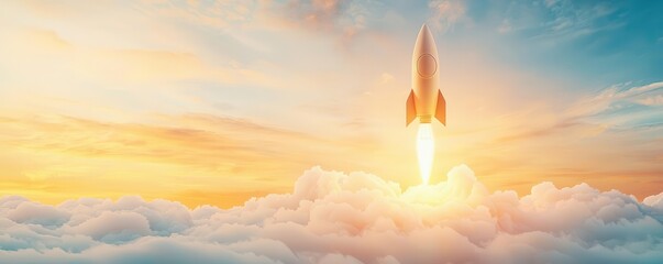 Light bulb rocket flying over a sunrise, representing new beginnings in business, 3D rendering