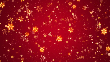  red christmas background with golden shiny snowflakes and stars, christmas and new year holiday social media wallpaper