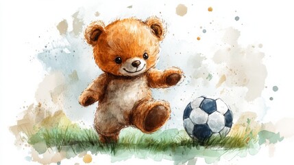 Teddy Bear Playing Soccer in Watercolor