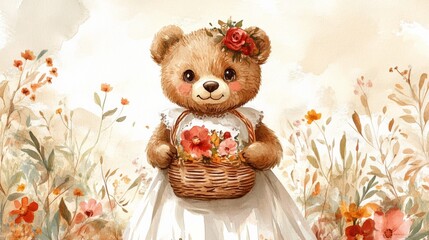 Cute Teddy Bear in Floral Garden
