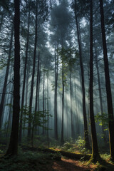 Naklejka premium surreal composition of vertical beams of light in a foggy forest fog