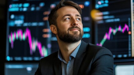 Stock market broker man 40s analyzing real-time data and charts on computer screen data optimization being reviewed by information workers