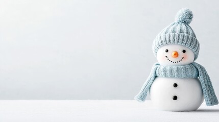 Joyful Snowman in Cozy Blue Knitted Hat Positioned on Snowy Background