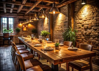 Fototapeta premium Rustic Restaurant Interior Featuring a Long Wooden Table with Warm Ambient Lighting, Ideal for Cozy Gatherings and Culinary Experiences, Showcasing Minimalist Design Aesthetic