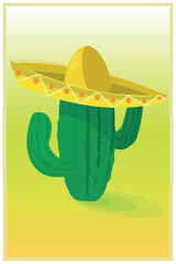 Mexican desert with cactus plants and a sombrero.	