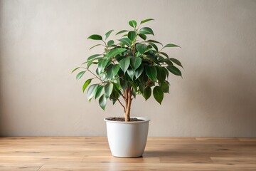 Fototapeta premium Serene Minimalist Photography of a Weeping Fig on a Simple Pot Against a Soft Neutral Background for Home Decor and Indoor Plant Aesthetics