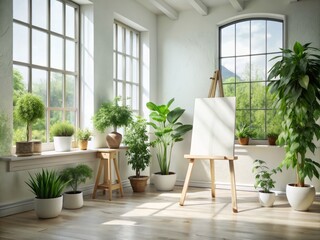 Serene Minimalist Space with Blank Canvas on Easel Surrounded by Lush Green Plants for Tranquil Interior Decor Inspiration
