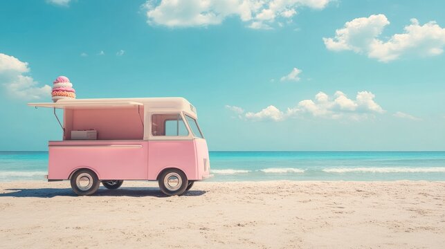 Pink ice cream truck on a beach.