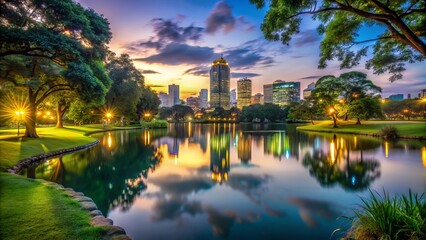 Obraz premium Serene Park Scene Featuring a Tranquil Lake and Stunning Skyscrapers Illuminated by Low Light at Dusk, Ideal for Urban Nature Photography and Cityscape Art