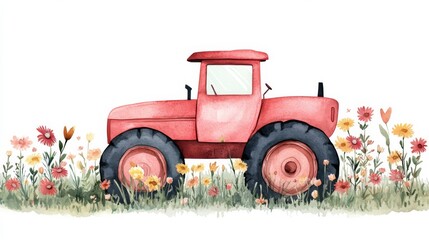 Naklejka premium Vintage Red Tractor in Floral Field