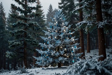 Christmas tree with decoration, hristmas tree pine with gift decoration decor balls garlands new year interior