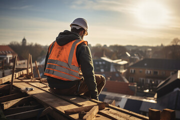 Fototapeta premium Generated by AI illustration of Construction worker install new roofing working on house building architecture