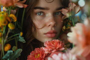 Naklejka premium Generative AI Close-Up of Woman's Eyes Among Flowers in Florist Concept