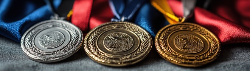 Celebrating achievement silver gold and bronze medals displayed on ribbons in a sports event environment