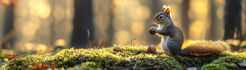 Fototapeta premium Squirrel gathering acorns in forest wildlife photography autumn setting close-up perspective for nature lovers