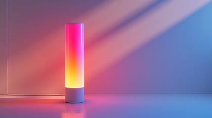 A modern lamp with a gradient of pink and orange light, casting soft shadows on a wall.