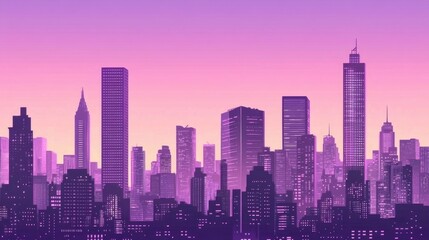 Obraz premium Stunning Metropolis Skyline at Sunset with Vibrant Purple Hues