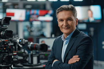 Generative AI professional male female Television Reporter in broadcast Studio with Camera