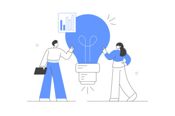 Characters Working in New Startup, Analyzing Data, Creating new Ideas. Business Missions, Creative Idea and Analysis Concept. Flat Cartoon Vector Illustration, icon. Stylish abstract