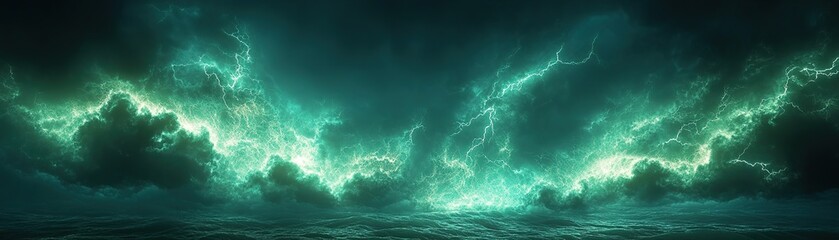 Dramatic lightning strikes over ocean waves coastal landscape nature photography stormy environment wide angle view atmospheric effects