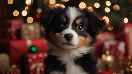 lifestyle portrait of puppy on christmas background