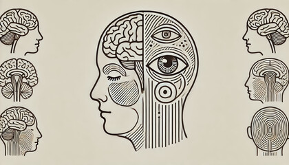 A minimalist illustration of a human head outline, highlighting the brain, eyes, and sensory organs for medical or creative use.