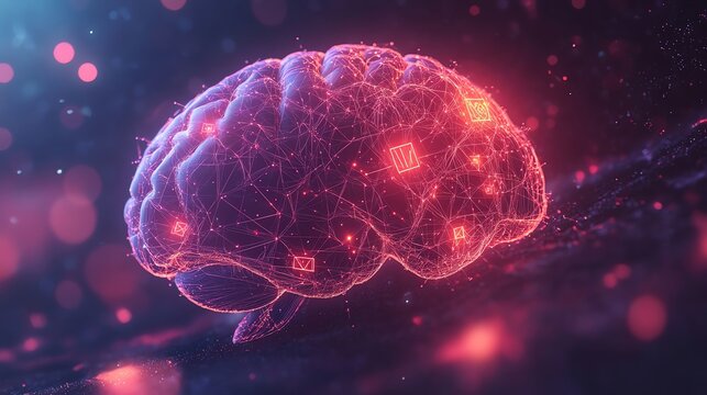 A digital representation of a human brain, with glowing red lines connecting various areas.