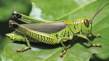 Fototapeta premium A vibrant green grasshopper rests on a leaf