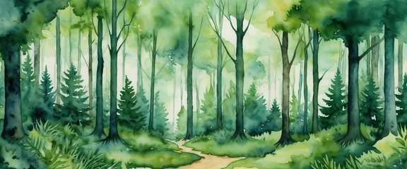 Gardinen Green forest watercolor landscape illustration © Tri Endah Wanito