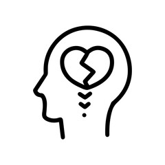 Line art illustration of a head with a broken heart. Symbolizes heartbreak, sadness, grief, loss, and emotional pain. Perfect for mental health, relationships, and heartbreak concepts