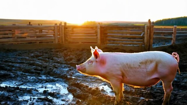 A pig stands in a muddy pen with a wooden fence in the background, bathed in the golden light of the setting sun