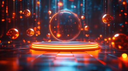 Futuristic glowing product showcase with neon lights, cyberpunk aesthetics, and high-tech innovation for e-commerce and digital business.