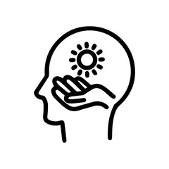 Line art illustration of a head with a sun and hands. Symbolizes healing, energy, positivity, warmth, and comfort. Perfect for wellness, mental health, and therapy concepts