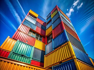 Fototapeta premium Stacked Shipping Containers Against a Bright Blue Sky: A Stunning Architectural Perspective Showcasing Sustainable Structures in Urban Environments