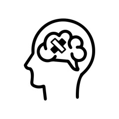 Line art illustration of a head with a bandaged brain. Symbolizes mental health, healing, recovery, trauma, stress, anxiety, and depression. Perfect for mental health, psychology, and therapy concepts