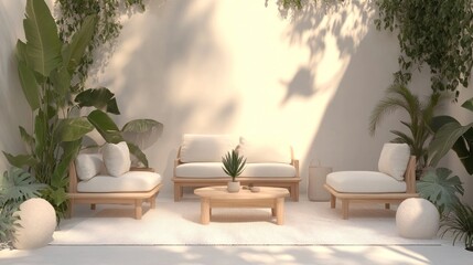 Tranquil outdoor patio with white furniture, plants, and sunlight.