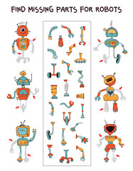Find missing parts for the robots. Pick the right part. Funny cartoon characters. Educational game for kids. Attention task. Worksheet page. Activity book. Vector illustration. Isolated background