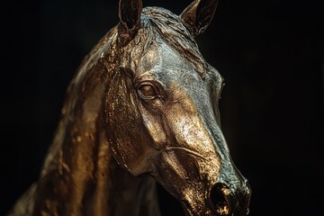 Bronze horse head statue, detailed texture. Perfect for equestrian, art, or luxury themes.
