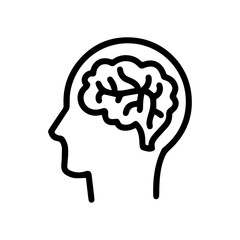 Line art illustration of a human head with a brain inside. Symbolizes intelligence, thinking, memory, learning, and creativity. Perfect for education, psychology, and neuroscience concepts