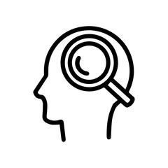 Line art illustration of a human head with a magnifying glass. Symbolizes focus, analysis, research, investigation, and problem-solving. Perfect for business, education, and technology concepts