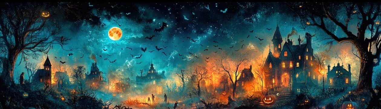 Spooky halloween night abandoned mansion digital art dark atmosphere wide angle eerie fantasy scene