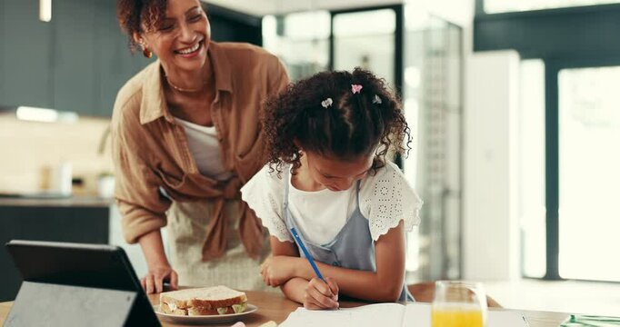 Child, e learning and mother with high five, tablet and support in writing notes, education or study. Young girl, woman and sandwich on tech for knowledge, development or help in home for creativity
